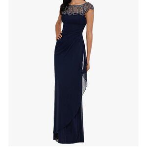 Xscape Cap-Sleeve Beaded Yoke Sheer Gown By Davids Bridal Sz 16 Ruched Navy NWT
